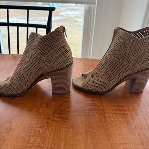 Perforated Peep-Toe Stacked Heel Booties in Taupe